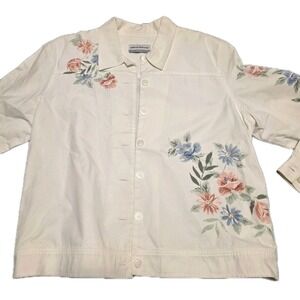 Alfred Dunner Button Up Jacket Womens Size‎ 14P White Floral Cotton Embellished